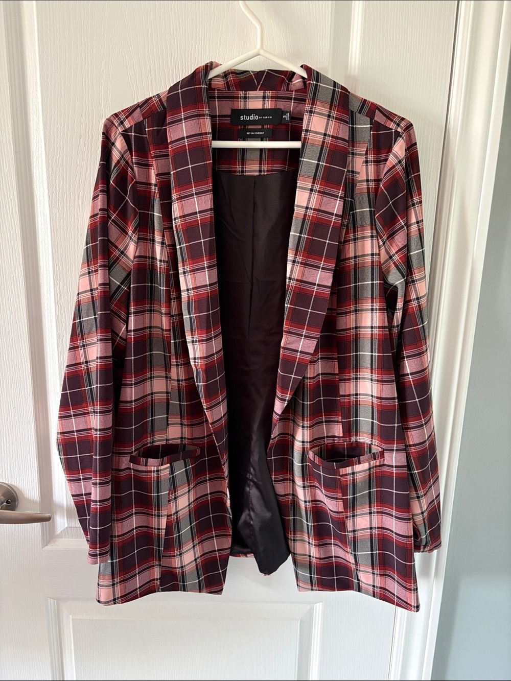 Studio Pink & Burgundy Plaid Open-Front Blazer torrid